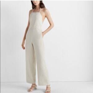 Club Monaco Linen Blend Backless Jumpsuit Sz 0 Oatmeal Classic Minimalist Boho
